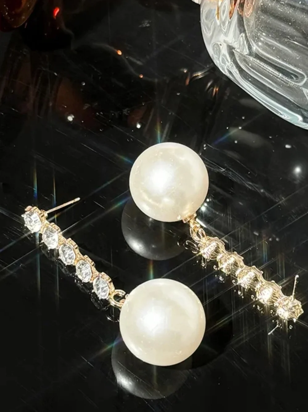 Elegant Pearl Drop Crystal Chain Earrings - Gold Tone